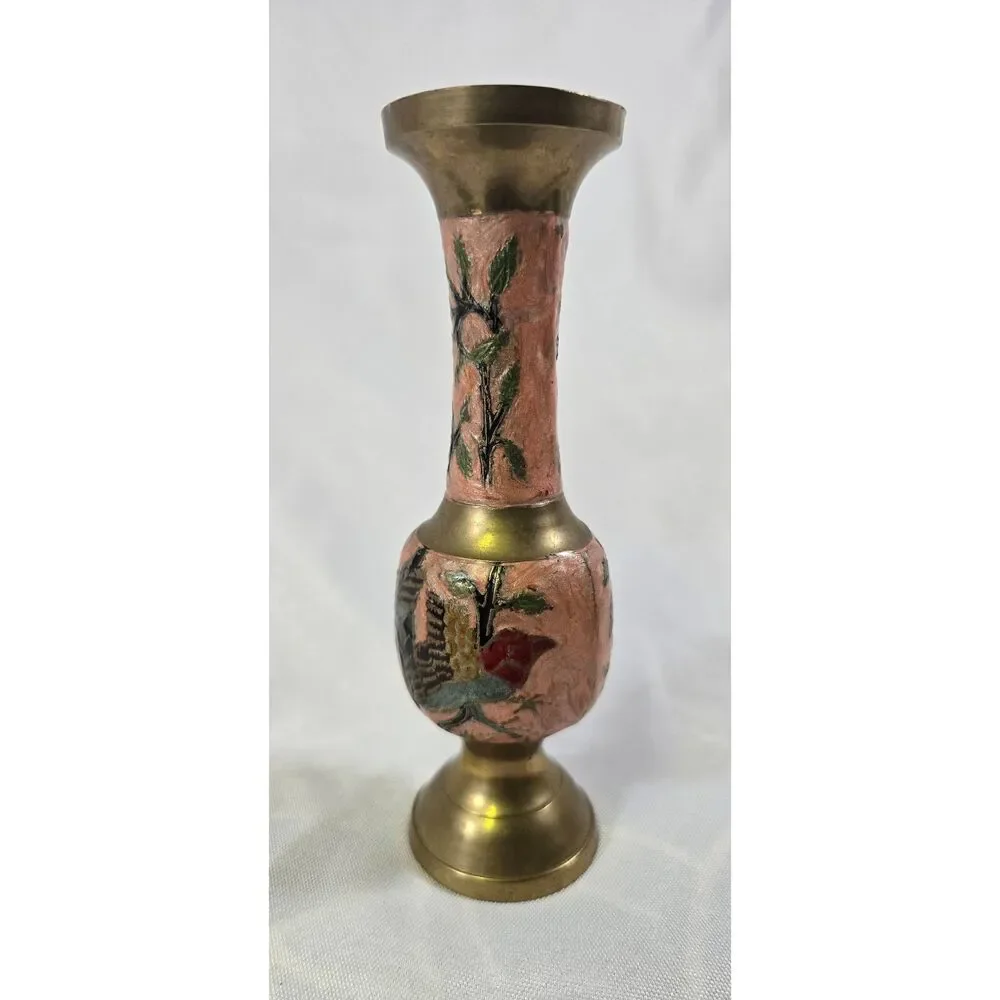 Hand-Painted Pink Floral Enamel Vintage Brass Bud Vase